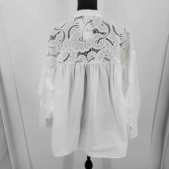 Urban Revivo Blouse Womens US 8 White Cotton Notch Lace Oversized Long Sleeve - Picture 2 of 14
